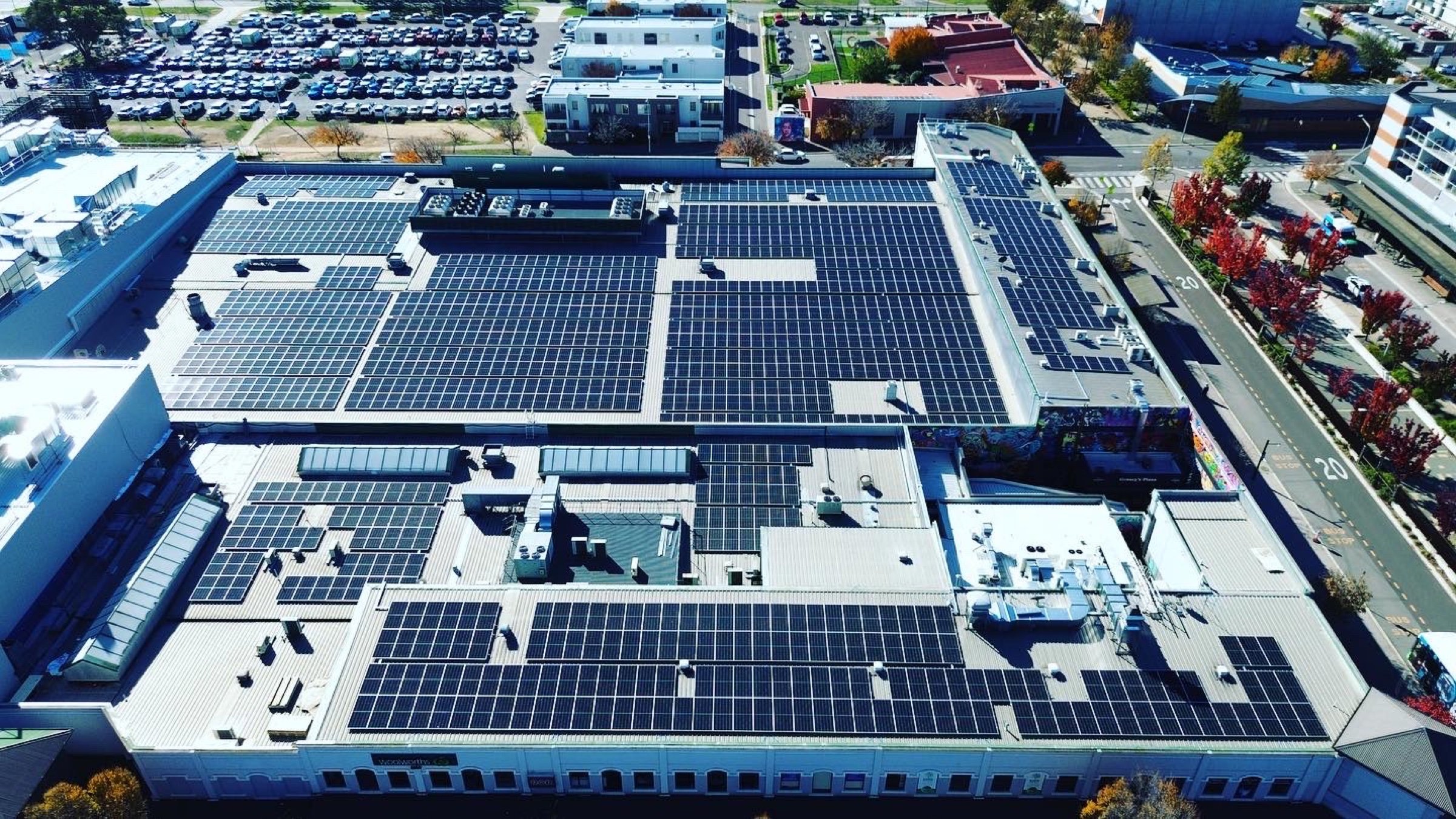 Aerial view of the rooftop solar PV array at Gungahlin Marketplace