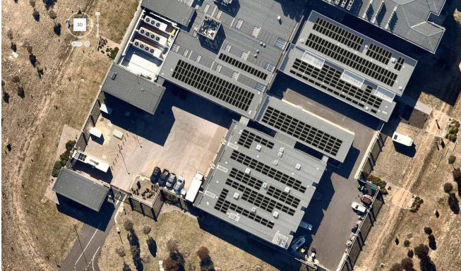 Aerial of rooftop solar arrays at AFP Majura