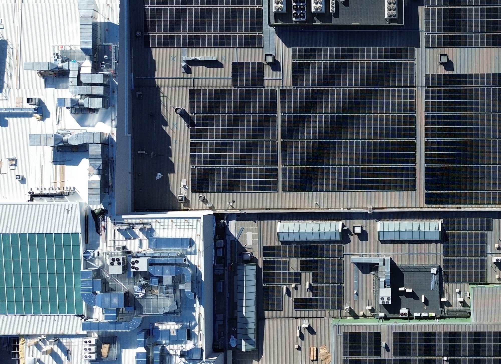 Aerial of the Gungahlin Marketplace roof with solar arrays