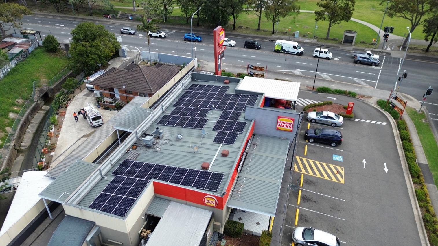 Hungry Jack's restaurant with rooftop solar on a metal roof