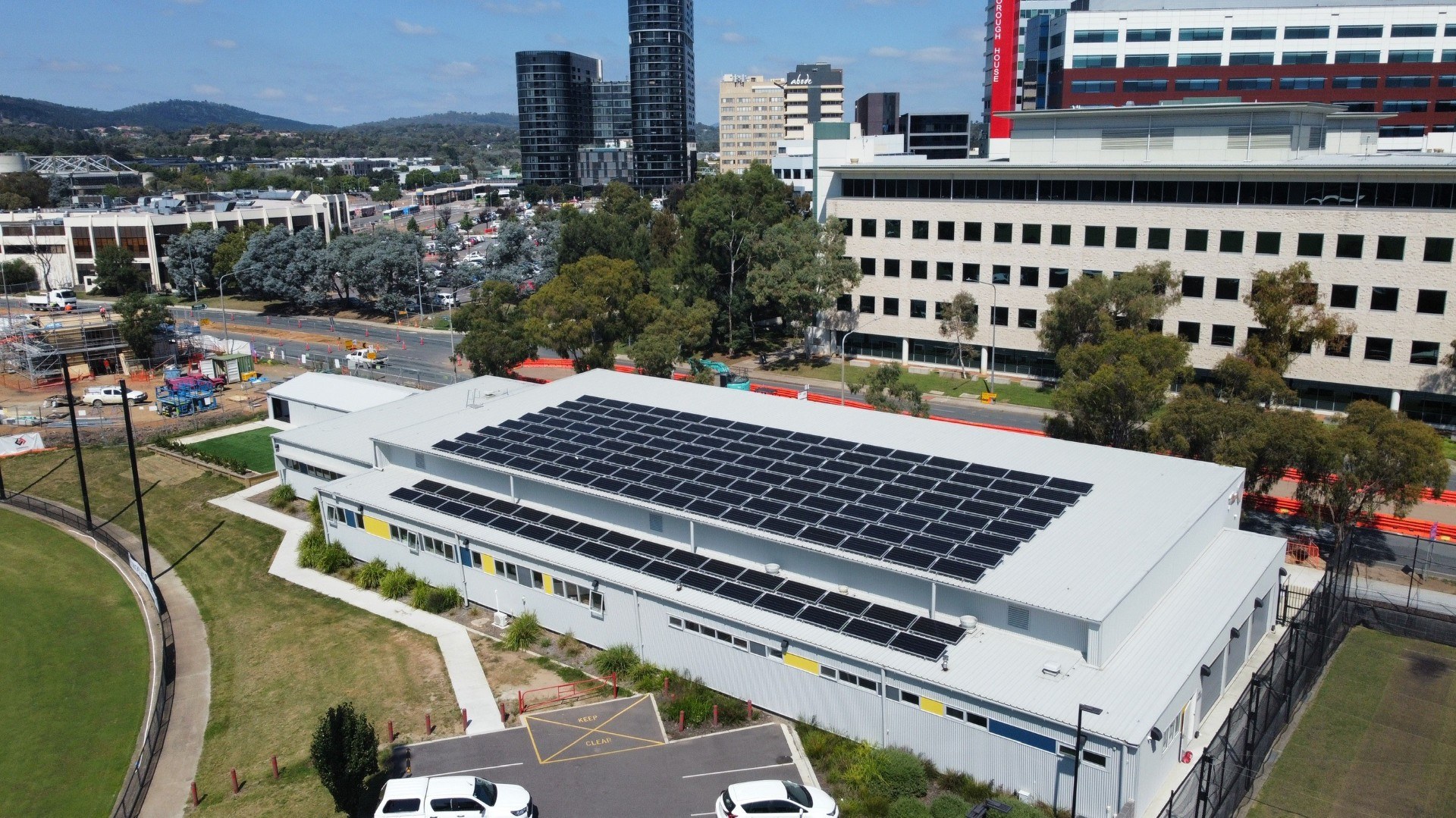 Phillip Oval clubhouse roof with solar, Scarborough House beyond